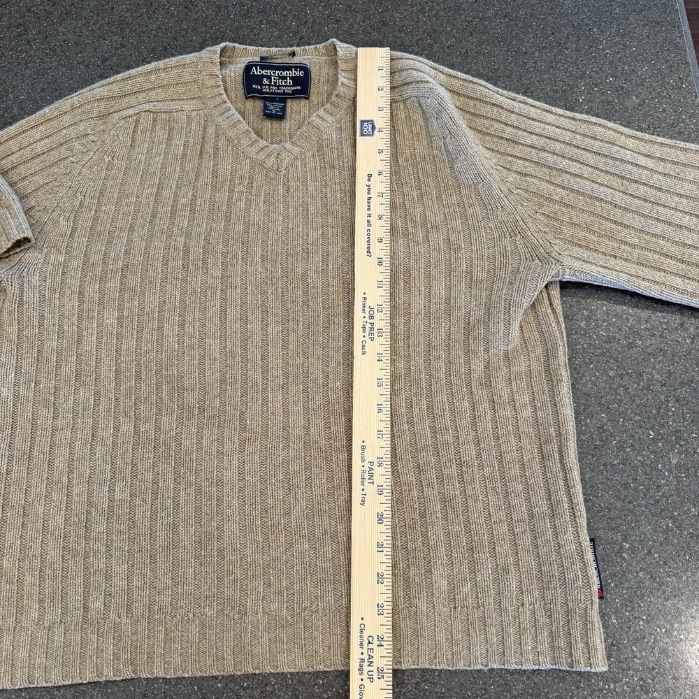 Vintage Abercrombie And Fitch Men's Vneck Tan Ribbed Wool Blend Sweater Preppy‎